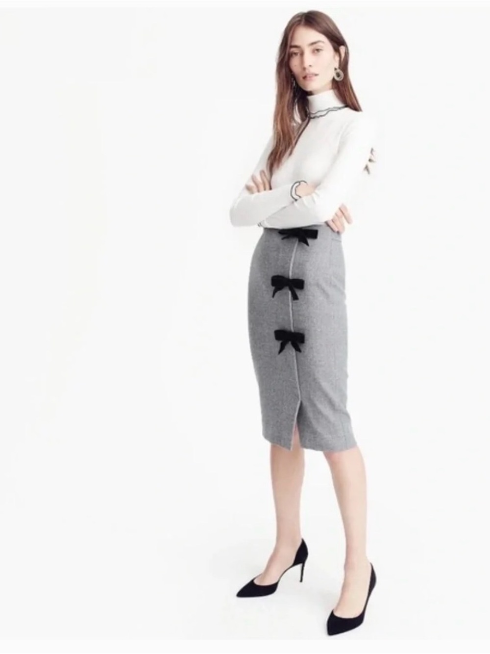 I. Crew Gray Wool Pencil Skirt with Black Bow Accents Size 0
